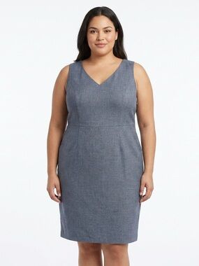 V-Neck Sleeveless Midi Sheath Dress in Denim Gray